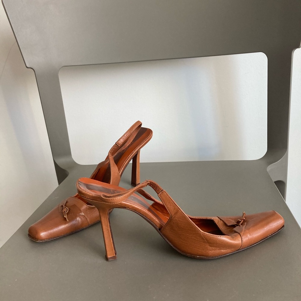BCBG Brown Leather Strappy Kitten Heels